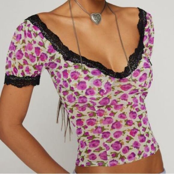 Urban Outfitters Kimchi Blue Blake Rose Floral Print Mesh Top w Black Lace Trim - Picture 1 of 9